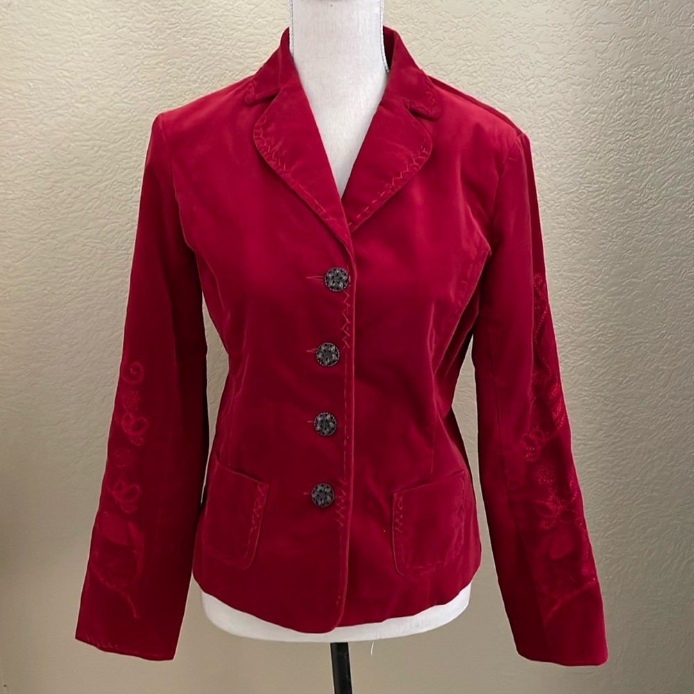 Red cotton velvet embroidered jacket. Size 6